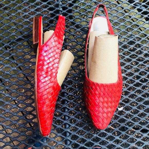 Vintage Shoes - Vtg 80s IPANEMA Red Woven Leather Slingback Sandal
